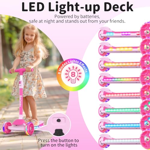 BELEEV A9 Kids Scooter with LED Light-Up Wheels & Deck, 3 Wheel Foldable Kick Scooter for Toddlers Boys Girls Ages 3-12, Adjustable Handlebar, Lean-to-Steer, Extra-Wide Wheels