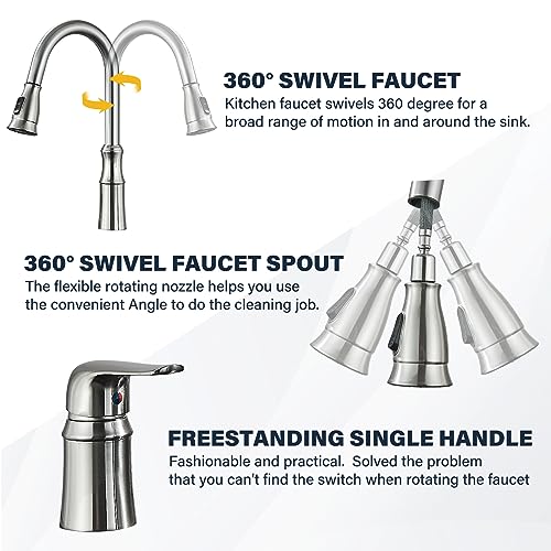 Oulantron 3 Hole Kitchen Faucet with Pull Down Sprayer Kitchen Faucet with Soap Dispenser, High Arc Pull Out Kitchen Sink Faucet Brushed Nickel Commercial Kitchen Faucets