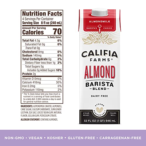 CALIFIA FARMS – ORIGINAL ALMOND BARISTA BLEND ALMOND MILK, 32 OZ, SHELF STABLE, DAIRY FREE, PLANT BASED, VEGAN, GLUTEN FREE, NON GMO, HIGH CALCIUM, MILK FROTHER, CREAMER