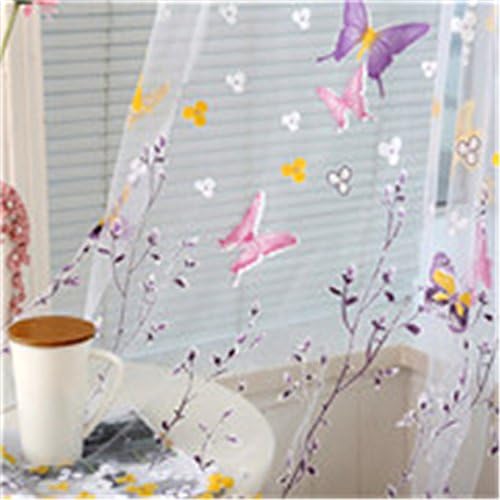 MLZ 1Pcs Butterfly Branches Printed Tulle Curtains For Living Room Indoor Window Screening Decor Balcony Burnout Voile Curtain Hotpink 100 x 200 cm