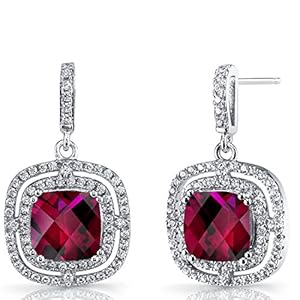 Peora Created Ruby Earrings in Sterling Silver, Designer Dangle Drops, 6 Carats total, Cushion Cut, 8mm, Double Halo