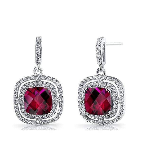 Peora Created Ruby Earrings in Sterling Silver, Designer Dangle Drops, 6 Carats total, Cushion Cut, 8mm, Double Halo