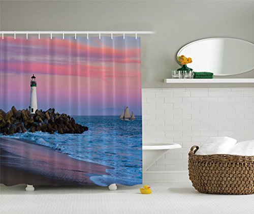 Crystal Emotion Santa Cruz Lighthouse Sunset on Beach Ocean Shower Curtain (66x72, color1)