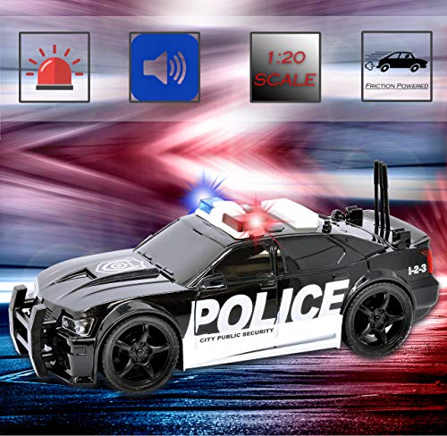 Friction Powered Police Car Toy Rescue Vehicle with Lights and Siren Sounds for Boys Toddlers and Kids, Pull Back 1:20 Diecast Emergency Transport Vehicle Car