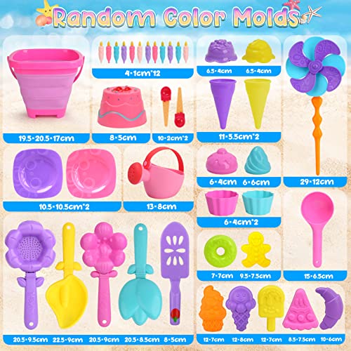 Joyreal 46 PCS Ice Cream Beach Toys - Sand Pit Toys with Collapsible Bucket and Spade Beach Set Kids with Shovel Tool Kits Storage Mesh Bag for Toddlers Boys Girls