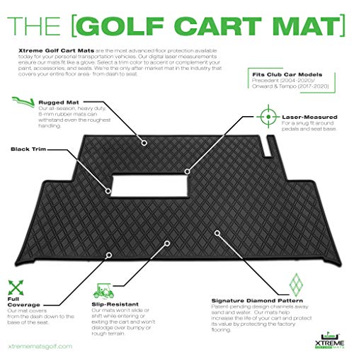Xtreme Mats Full Coverage Golf Cart Floor Liner Mat W/Color Options- Fits Club Car Models Precedent (2004-2020)/Onward & Tempo (2017-2020) - Black with Black Trim