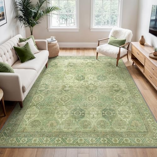 BEIMO Waschbarer Teppich Wohnzimmer Vintage, Boho Teppich Schlafzimmer Groß Orientalisch rutschfest für Badezimmer Esszimmer, Hellgrün, 140x200cm