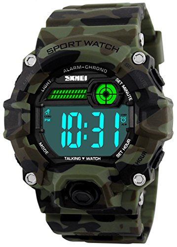 Men Sport Watch Talking Music Alarm Snooze LED Digital Watches Outdoor Military Shockproof Luminous Watch (Cam