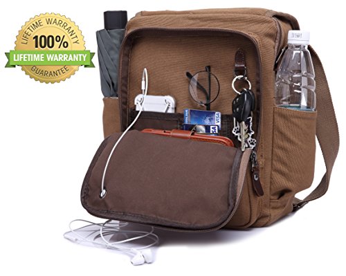 Canvas Messenger Bag Shoulder Crossbody Bag with 2 Side Pocekts for Umbrella,Water Bottle Magictodoor