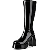 OAOKUSI Women's Gogo Boots, Knee High Platform Square Toe Boots | Patent in White, Purple, Red or Black; PU in Black or Brown; 60s/70s retro disco style for Halloween, cosplay and parties