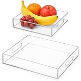 2-Pack Acrylic Trays, Clear Serving Trays with Handles 15.4x11.4" & 7.9x7.9", Decorative Vanity Trays for Bathroom, Countertop, Food Display, Smooth Edge Drawer Organizers
