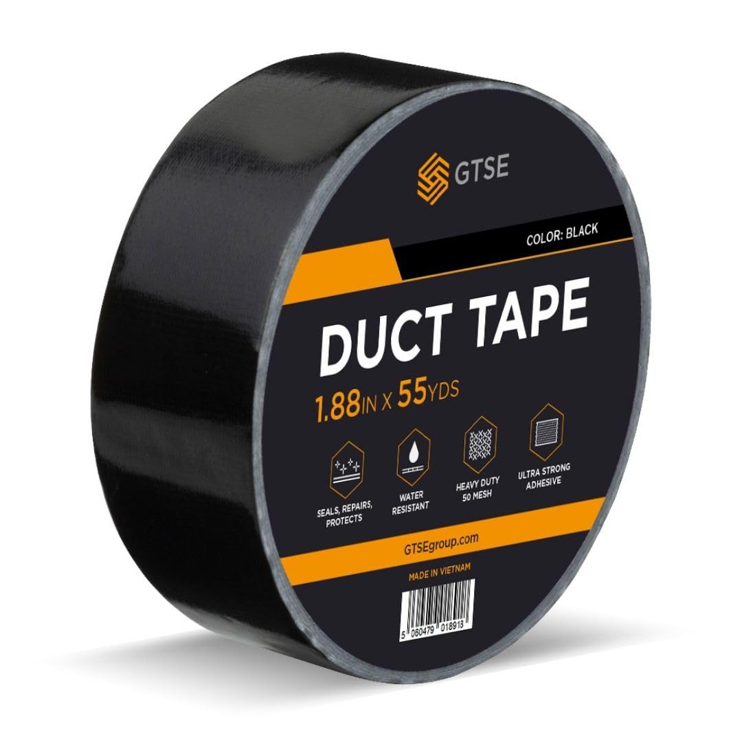 GTSE Black Duct Tape, 48mm x 50m, 2” Waterproof Strong Adhesive Gaffer Tape for Patching, Sealing, Securing Cables and Labelling, Heavy Duty Tape, One Roll