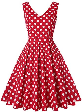 ROOSEY Women's Polka Dot Retro Party Dress V Neck Sleeveless Vintage Tea Dress