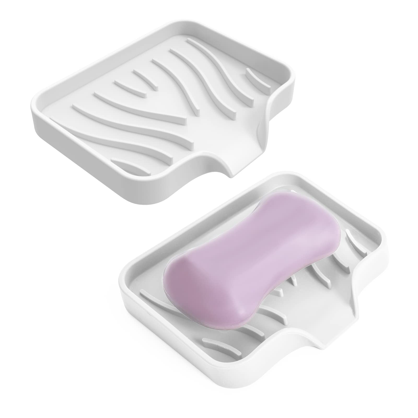 2Pcs Silicone Soap Dish, Auzass Portable Self Draining Soap Holder Easy Cleaning, Dry, Soap Container for Shower, Bathroom, Kitchen, Counter Top (White+White)