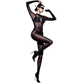 RUIBAVYA Bodystocking for Women Long Sleeves Sheer Catsuit Round Neck Full Body Stockings Ultra-Thin Oil Shiny Stockings