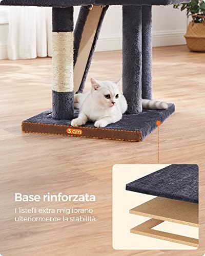 Albero per Gatti, Tiragraffi Piccolo da 135 cm, Condominio per Gatti in Peluche a più Livelli con Copertura per Trespolo Rimovibile Lavabile, Graffiatoio, Cesto, Grotta, Grigio Scuro