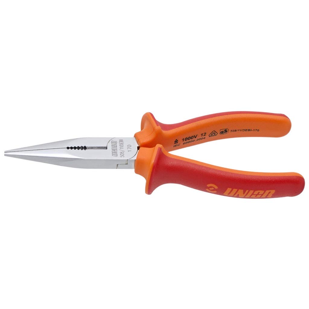 Unior 508/1VDEBI Straight Nose Pliers with Cutting Edge and Extra Long Jaws 170 mm