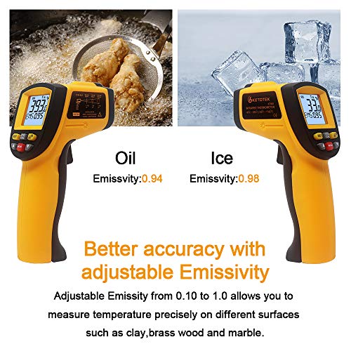 KETOTEK IR Infrared Thermometer, -58℉- 1112℉(-50℃ - 600℃)Non-Contact Digital Laser Infrared Thermometer Temperature Gun with LCD Display for Kitchen Food Meat BBQ and Industrial (Orange)