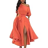 LILYIN Women’s Elegant Off Shoulder Short Sleeve Belted Side Slit Cocktail Party Swing Dress with Pockets