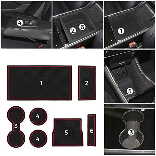 Key Card Holder, Center Console Mats Cup Holder Liner for Tesla Model 3 2019 2018 2017, Red, 8 Pcs