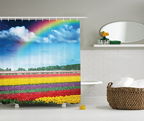 Ambesonne Country Home Decor Collection, Rainbow over Multicolor Tulip Field Polyester Fabric Bathroom Shower Curtain