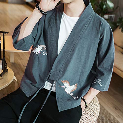 Tomppy Men's Japanese Kimono Cardigan Jacket Yukata Casual 3/4 Sleeve Crane Printed Open Front Cloak Coat Blue