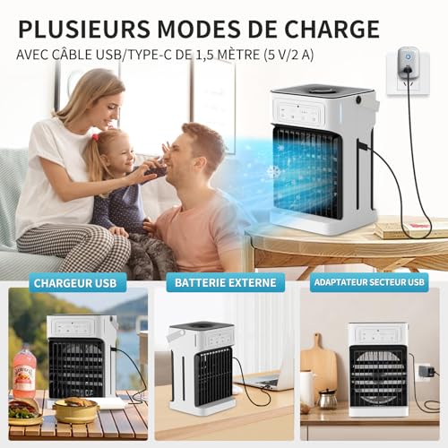 Mobile Air Conditioner with Remote Control, 1100 ml Dual Motor and Fan Air Cooler, Mini Portable Air Conditioning Night Light 7 Colours 2-8H 3 Speed Timer, USB Air Conditioning for Bedroom Kitchen