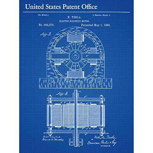 Artery8 Tesla Electro Magnetic Motor 1888 Vintage Side Patent Art Print Canvas Premium Wall Decor Poster Mural