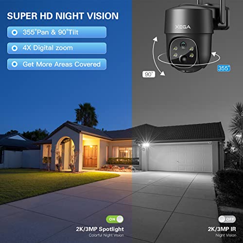 Xega 4G LTE Cellular Security Camera Solar with SIM Card【2 Pack】 Wireless Outdoor No WiFi Security Camera,2K HD PTZ Night Vision Motion Detection 2 Way Talk TF&Cloud Storage IP66, Built-in SIM Card