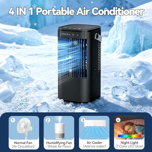 Aire Acondicionado Portátil, 4 en 1 Mini Enfriador de Airecon Tanque de Agua 1000ml luz de atmósfera de 7 colores, Mini AC Personal con temporizpara dormitorio, escritorio, casa, oficina (Negro)