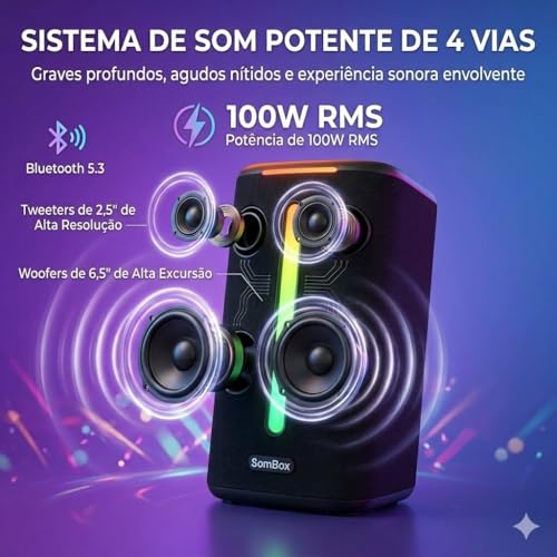 Caixa de Som Portátil 100W RMS Graves Potentes RGB Bluetooth 5.3, USB e AUX, Bateria Longa Duração com 2 Microfones sem Fio para Festas, Viagens, Karaoke e Uso Externo