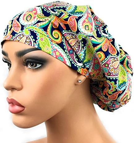 Women’s Surgical Scrub Hat Nurse Ponytail Adjustable Euro Bouffant Spring Paisley DK Scrub Hats