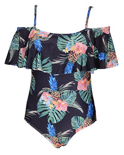Outrip Womens One Piece Swimsuit Flounce Ruffles Printed Tankini Off Shoulder Bathing Suit (Style 2,XL)