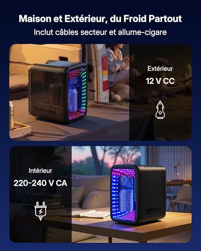 Upstreman Mini Fridge for Bedroom, 4 Liter/6 Cans, Mini Fridge with Infinite Lights, Cooling, 12V/220V, Mini Gaming Fridge for Game Room, Dorm, Car, Black, TR4-S