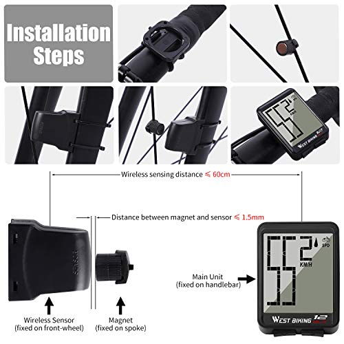 WESTGIRL Bike Computer Wireless, Cycling Speedometer Odometer Large Digits Automatic Speed Display Change, Waterproof EL Backlight Bicycle Computers