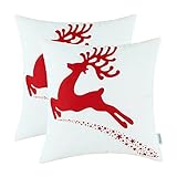 Pack of 2 CaliTime Soft Canvas Throw Pillow Covers Cases for Couch Sofa Home Decor, Christmas Holiday Reindeer Print, 18 X 18 Inches, Red
