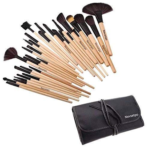 Makeup Brushes 32 Piece Set, Nevsetpo Makeup Brushes Hair Cosmetics Professional Essential Soft Make Up Brush Set with Carry Case (Wood)