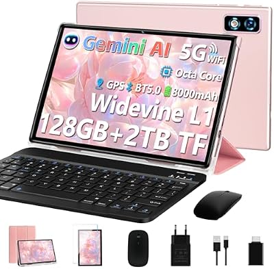 2026 Tablet 10 Pulgadas Android AI, Octa-Core 2.0GHz, 22GB(6GB+16GB)+128GB/TF 1TB, 8000mAh Batería, Widevine L1, GPS, 5G WiFi, Bluetooth5.0, Tablet con Funda, Teclado y Ratón - Dorado