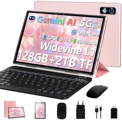 2026 Tablet 10 Pulgadas Android AI, Octa-Core 2.0GHz, 22GB(6GB+16GB)+128GB/TF 1TB, 8000mAh Batería, Widevine L1, GPS, 5G WiFi, Bluetooth5.0, Tablet con Funda, Teclado y Ratón - Dorado