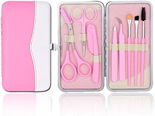 LETB Pink Color 12 Pieces Beauty Care Tools Eyebrow Trimming Kit Eyebrow Scissor&Comb Eyebrow Brush Grooming Set Tweezers and Razor Set Included Free Pink Travel Case Gifts for Girls Women