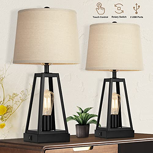 Set of 2 Farmhouse Touch Table Lamps with USB Ports, 3Way Dimmable