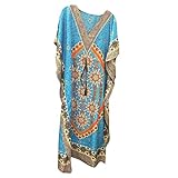 Womens Kaftan Maxi Dress Blue Floral Print Kimono Sleeves Hippie Caftan Beach Cover Up