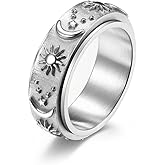 SeiMios Fidget Ring for Anxiety Stainless Steel Sun Moon Star Spinner Ring for Men/Women Size 6-10