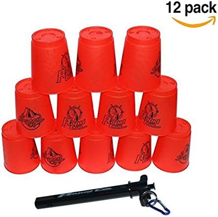 Quick Stack Cups Set of 12 with Quick Release Stem - Sports Stacking Cups Speed Training - Improve Hand-eye Coordination and Quickness (Red)