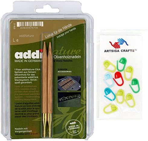 addi Click Olive Wood Replacement 5-inch (13cm) Tip Pair Size US 06 (4.00 mm) with 10 Artsiga Crafts Stitch Markers