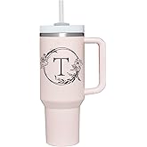 Personalized 40oz Tumbler Cup with Initials.Cup with Letter T 40oz Tumbler with Handle.Custom Tumbler Cup with Letter.Initial Monogram Tumbler Mug Gifts for Women Birthday Christmas.
