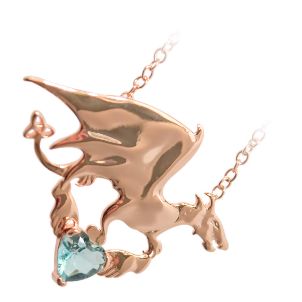 GWG Jewellery 18K Rose Gold Coated Dragon with Aquamarine Green Blue Stone Heart and Celtic Trinity Knot Unusual Pendant Necklace in Gift Box for Women — image 1