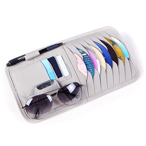Car Visor CD Holder，Shellvcase Genuine Leather Auto Car CD Storage Bags With 8 CD/DVD Slots,3 Credit Cards Pockets,1 Pen holder,1 Sunglasses Holder (Grey) - Thumbnail 3