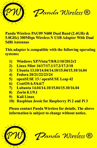 Panda Wireless PAU09 N600 Dual Band (2.4GHz and 5GHz) Wireless N USB Adapter W/ Dual 5dBi Antennas - Windows XP/Vista/7/8/8.1/10, Mint, Ubuntu, openSUSE, Fedora, CentOS, Kali Linux and Raspbian