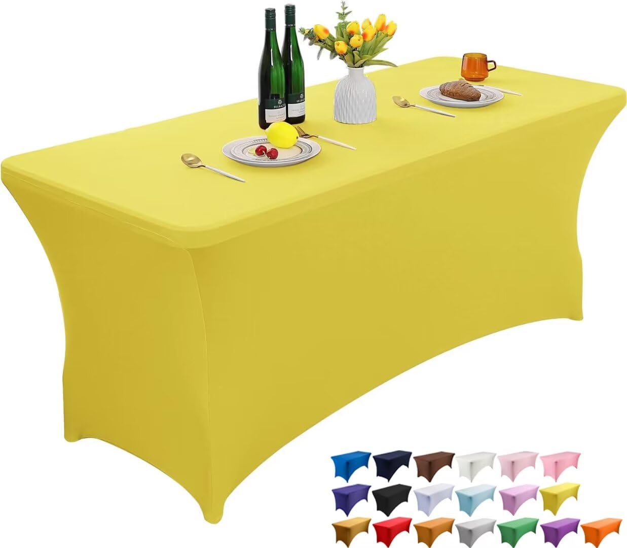 Wolfway 8FT Bright Yellow Stretch Spandex Table Cover Washable and Wrinkle Resistant Kitchen Spandex Tablecloth Fitted Rectangular Table for Party,Banquet,Weddings,Cocktail and Festival